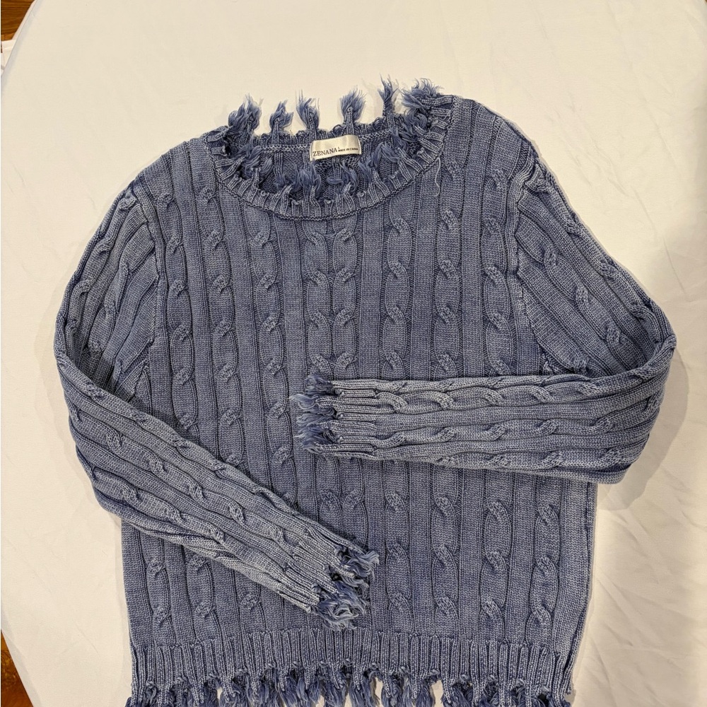 Zenana Outfitters Fringed Cable Knit Sweater - Gray